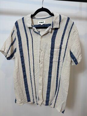 YMC Cream Blue Textured Striped Short Sleeve Shirt